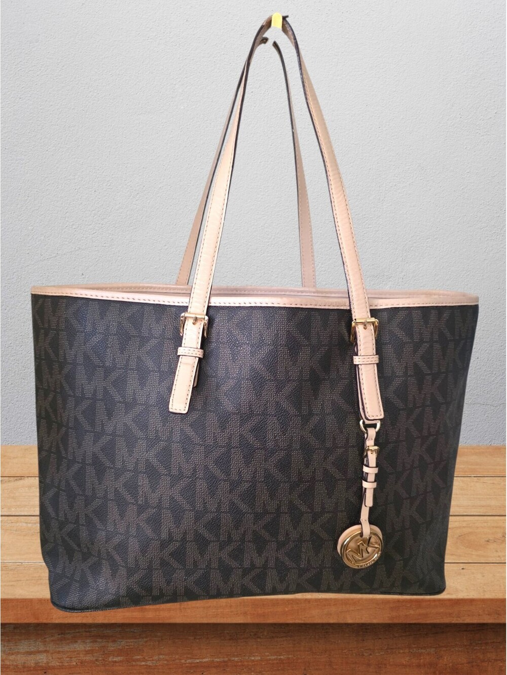 Michael Kors Large Brown MK Monogram Logo Laptop Travel Tote Bag 3 compartment